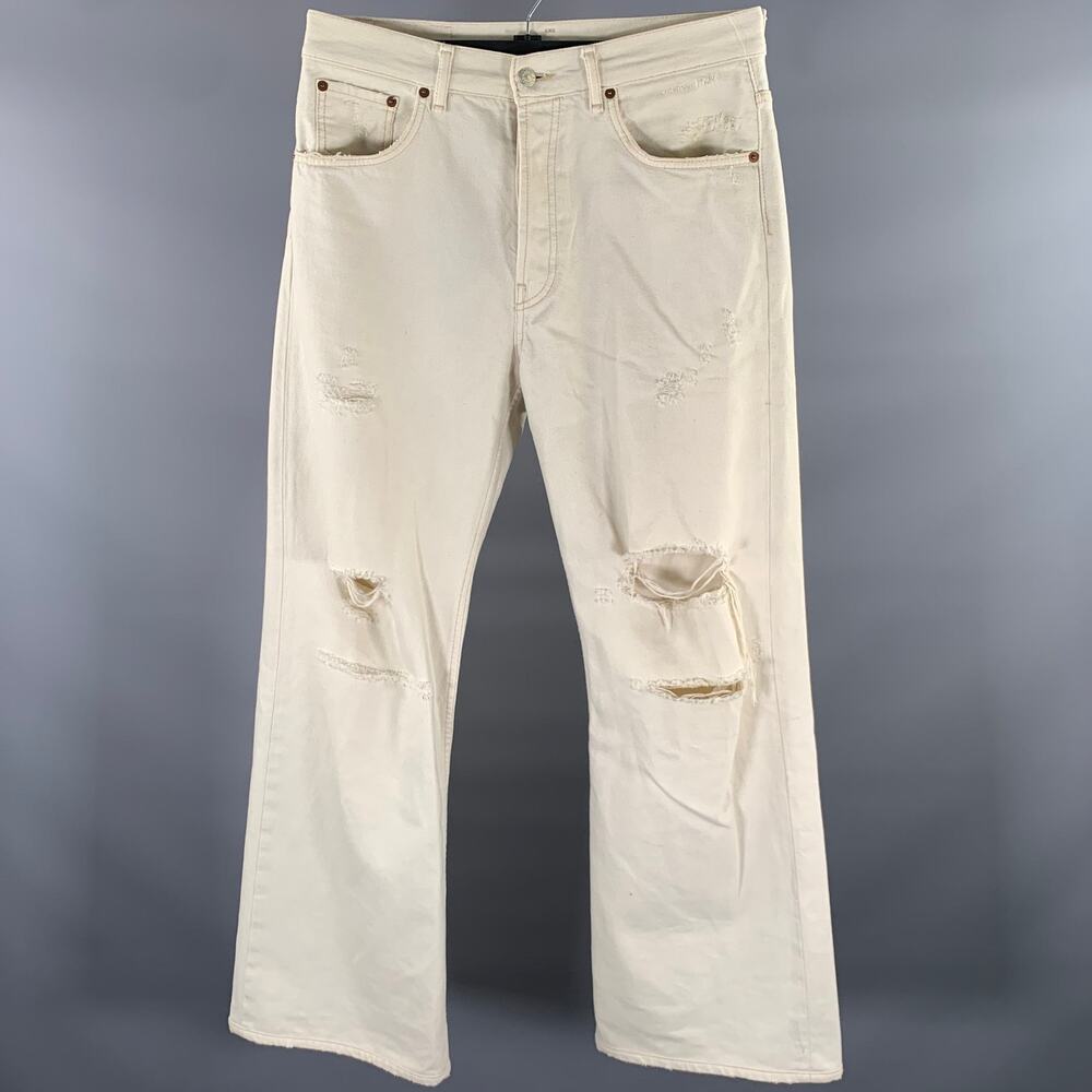 ACNE Size 32 Cream Distressed Cotton Flare Cut Jeans